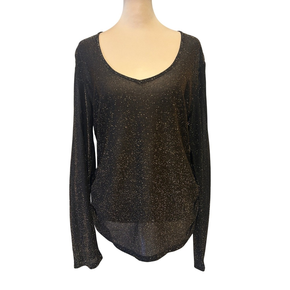 VTG 90s New York & Co Sheer Top L Black Gold Metallic Ruched Whimsigoth Holiday